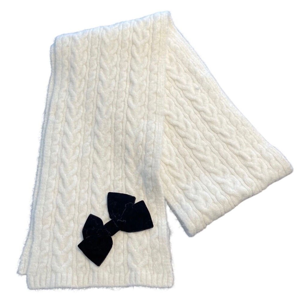 Kate Spade New York Velvet Cable Bow Scarf Cream White Wool Blend NWT